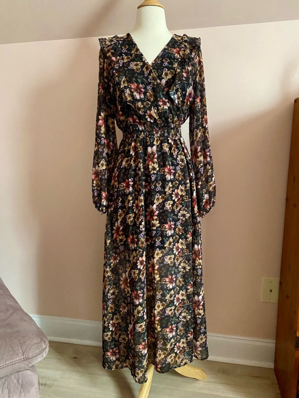 Women's Black Floral Maxi Dress with Smocked Waist and